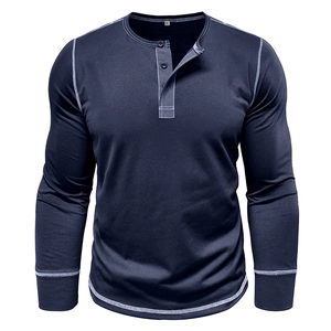 Men's navy long sleeve Henley shirt with white contrast stitching in a classic fit