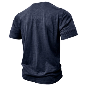 Detailed back view of a navy blue muscle t-shirt featuring premium slub cotton texture