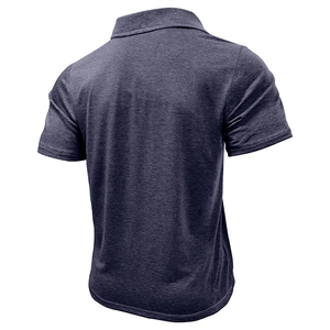 Detail view of the back of a slim-fit short sleeve polo shirt with textured grey fabric