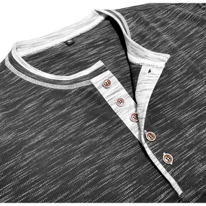 Detail of Henley neckline with brown buttons and grey textured knit fabric on mens shirt