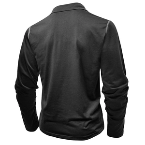 Rear view of black long-sleeve polo shirt with grey contrast shoulder stitching detail