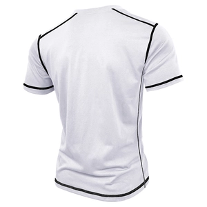 Detailed back view of men's white slim fit Henley shirt with black contrast stitching