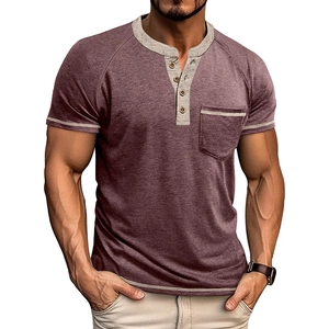 Detail of wine red Henley shirt with contrast gray collar, chest pocket and wood buttons