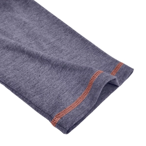 Detailed close-up of purple marl knit sleeve with orange contrast decorative stitching