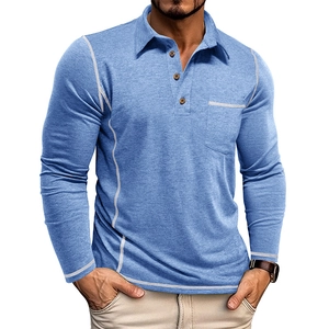 Men's sky blue long sleeve polo shirt with white contrast stitching and a chest pocket