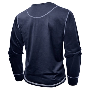 Men's navy slim-fit long-sleeve Henley shirt with contrast flatlock stitching details