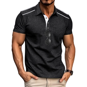 Close-up of contrast stitching and button placket on men's slim fit polo shirt