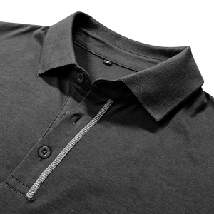 Close-up of polo shirt collar with white stitching and grey textured fabric