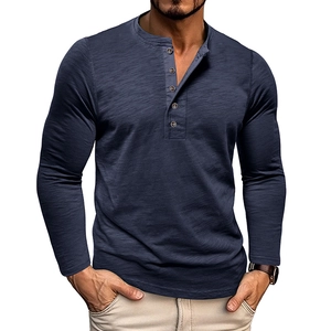 Men's navy blue long sleeve Henley shirt with textured slub cotton fabric and five buttons