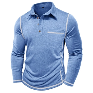 Detail of blue long-sleeve polo shirt with contrast stitching and wood-style buttons