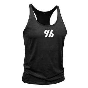 Close-up of black cotton gym stringer tank top with XL size label and geometric logo