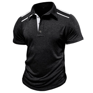 Close-up of short-sleeve polo shirt featuring contrasting white stripes on the shoulder