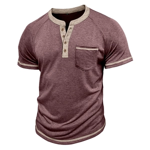 Detail view of burgundy cotton Henley shirt with contrast collar and wood buttons