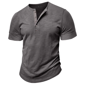 Detail view of charcoal gray muscle henley shirt with five-button placket and slub texture
