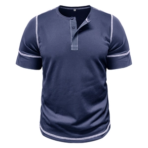 Detail view of navy blue muscle Henley shirt with white contrast stitching and three-button placket