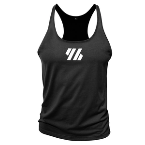 Detail of men's black stringer tank top showing racerback cut and white graphic logo