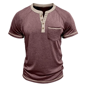 Detailed close-up of a burgundy vintage Henley shirt with beige contrast collar and pocket
