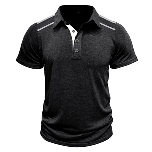 Detail of grey polo shirt with contrast collar and white stripes on shoulders