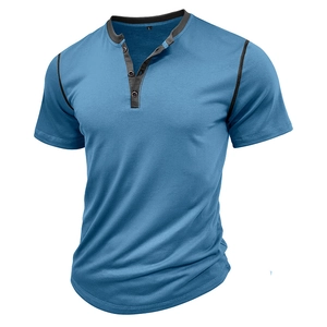 Detailed close-up of blue Henley shirt collar with dark buttons and contrast stitching