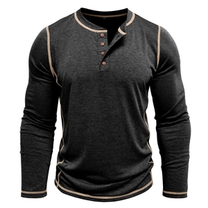 Detail of grey Henley shirt showing khaki contrast stitching and four wood-textured buttons