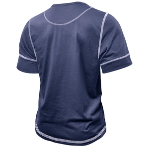 Detailed back view of navy blue muscle fit Henley shirt with contrast white stitching