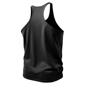 Close-up of the Y-back design and seam details on a men's black athletic fitness tank top