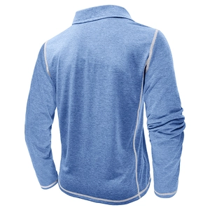Rear view of blue long-sleeve polo shirt with white flatlock seams on shoulders and sides