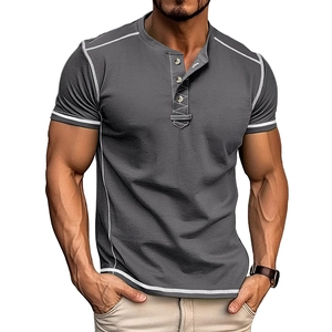 Detail of dark grey slim fit Henley shirt with contrast stitching and button neckline