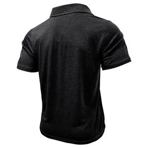 Rear view of dark grey short sleeve polo shirt with textured knit fabric and rib collar