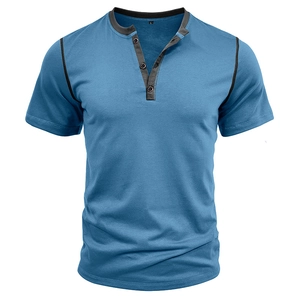 Detail of blue men's Henley shirt featuring grey contrast collar and three-button placket