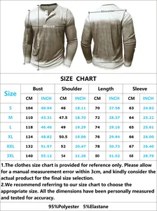 Guide des tailles pour chemise Henley homme S-3XL avec détails en tissu 95% polyester