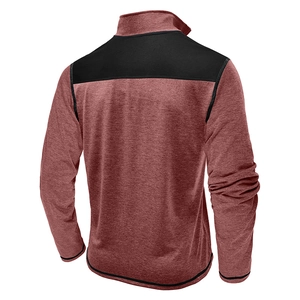 Rear view of men's stand collar hoodie in heathered red-brown with black shoulder panels