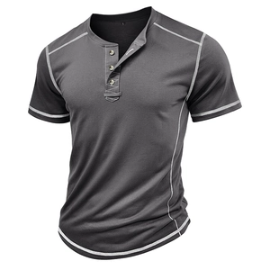 Detail view of contrast stitching and three-button neckline on dark gray Henley shirt