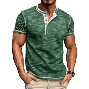 Close-up of green Henley shirt featuring a contrast white neckline and four-button placket