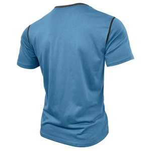 Detail of blue men's t-shirt back with contrast black stitching on shoulders and neckline