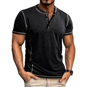 Close-up of contrast stitching detail on slim fit dark grey men's Henley shirt