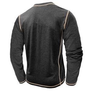 Detail view of men's dark grey thermal shirt featuring contrast stitching on back and seams