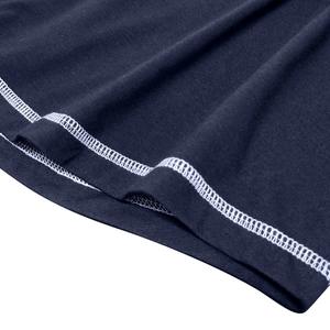 Detailed close-up showing white double-needle stitching on navy blue knit Henley fabric