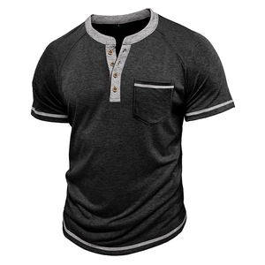 Detailed view of grey short sleeve Henley t-shirt with contrast placket and chest pocket