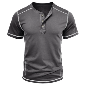 Detail of grey Henley shirt showing contrast white stitching and three-button placket