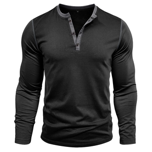 Close-up of the contrasting three-button Henley collar with detailed fabric texture