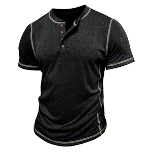 Detail of dark grey Henley shirt featuring contrast khaki stitching and three-button placket