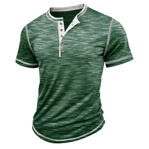 Detail of dark green Henley T-shirt with white contrast stitching and four wooden buttons