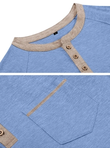 Detail of blue heathered henley shirt featuring contrast collar and wood-style buttons