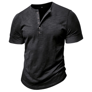 Detail of dark grey muscle Henley shirt showing slub cotton texture and 5-button collar