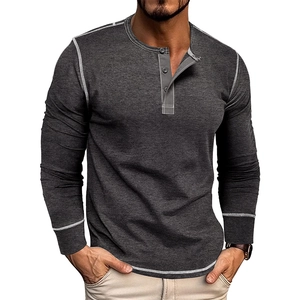 Men's charcoal grey long sleeve Henley shirt with contrast white stitching details
