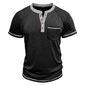 Detail view of contrast Henley neckline and wooden buttons on grey short-sleeve shirt