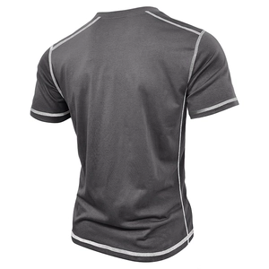 Detail view of charcoal men's Henley shirt featuring raglan sleeves and white contrast stitching