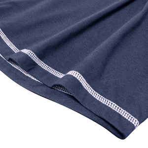 Close-up of navy blue muscle Henley shirt featuring white contrast double-needle stitching
