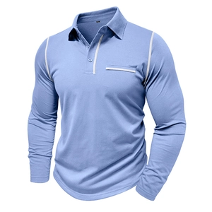 Macro shot of light blue long-sleeved polo shirt with white contrast stitching details